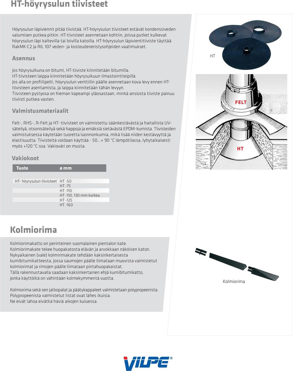 HT-höyrysulun läpivientitiiviste täyttää RakMK-C2 ja RIL 107 veden- ja kosteudeneristysohjeiden vaatimukset. Asennus HT Jos höyrysulkuna on bitumi, HT-tiiviste kiinnitetään bitumilla.