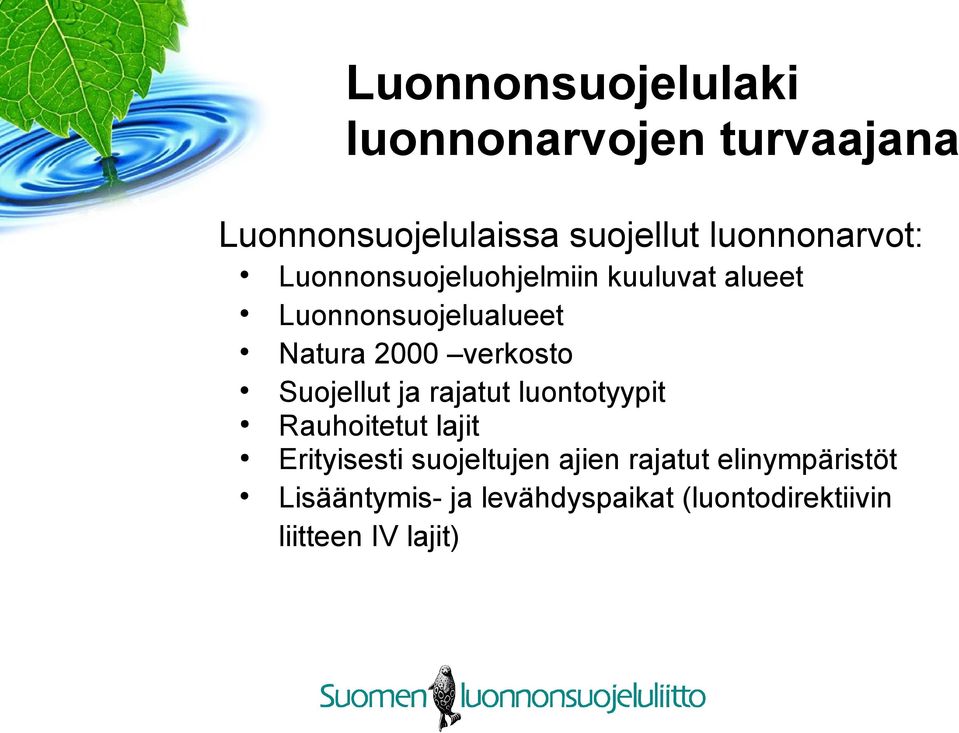 verkosto Suojellut ja rajatut luontotyypit Rauhoitetut lajit Erityisesti suojeltujen