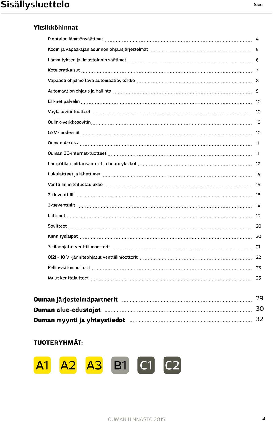 huoneyksiköt Lukulaitteet ja lähettimet Venttiilin mitoitustaulukko 2-tieventtiilit 3-tieventtiilit Liittimet Sovitteet Kiinnityslaipat 3-tilaohjatut venttiilimoottorit 0(2) - 10 V -jänniteohjatut