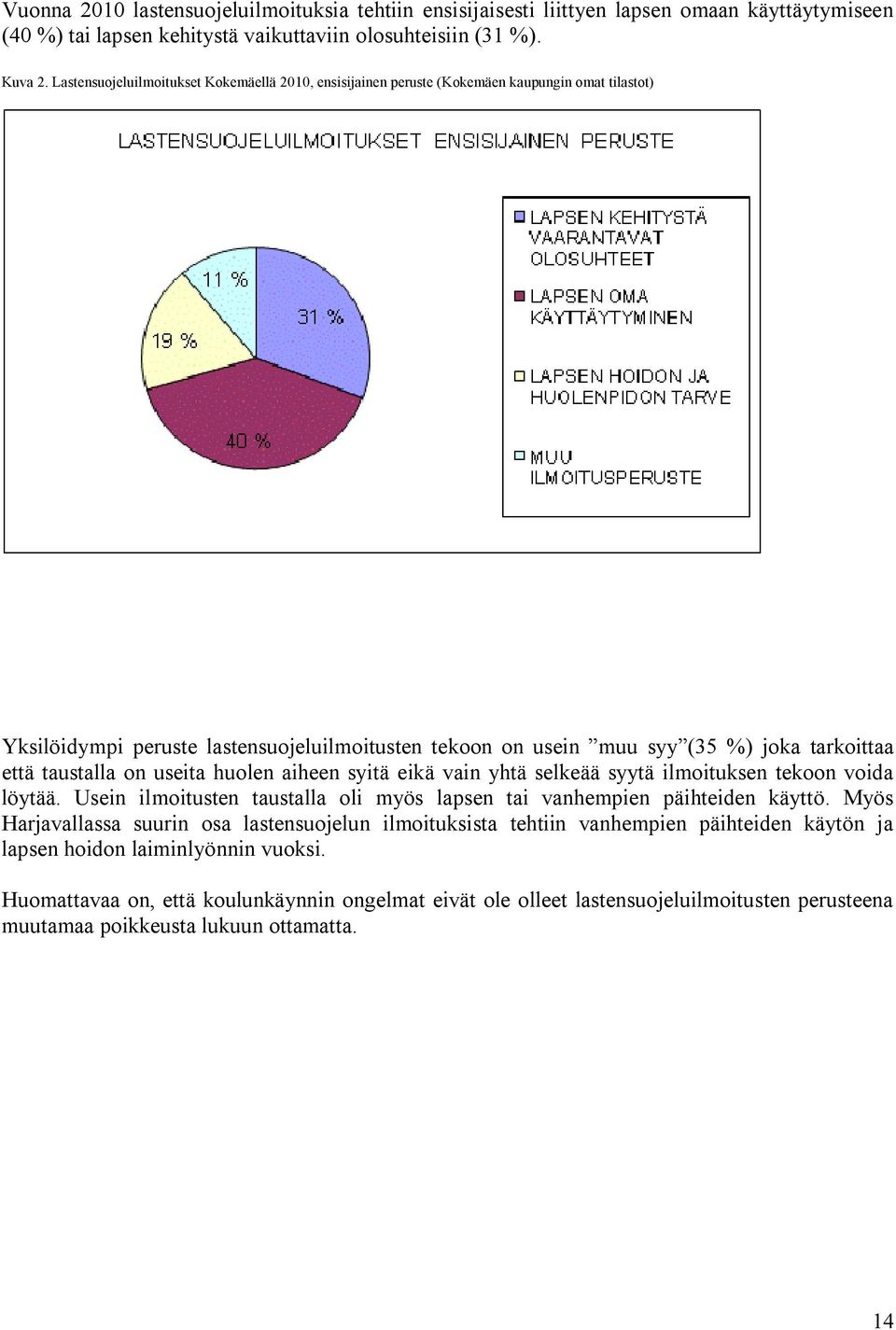 taustalla on useita huolen aiheen syitä eikä vain yhtä selkeää syytä ilmoituksen tekoon voida löytää. Usein ilmoitusten taustalla oli myös lapsen tai vanhempien päihteiden käyttö.