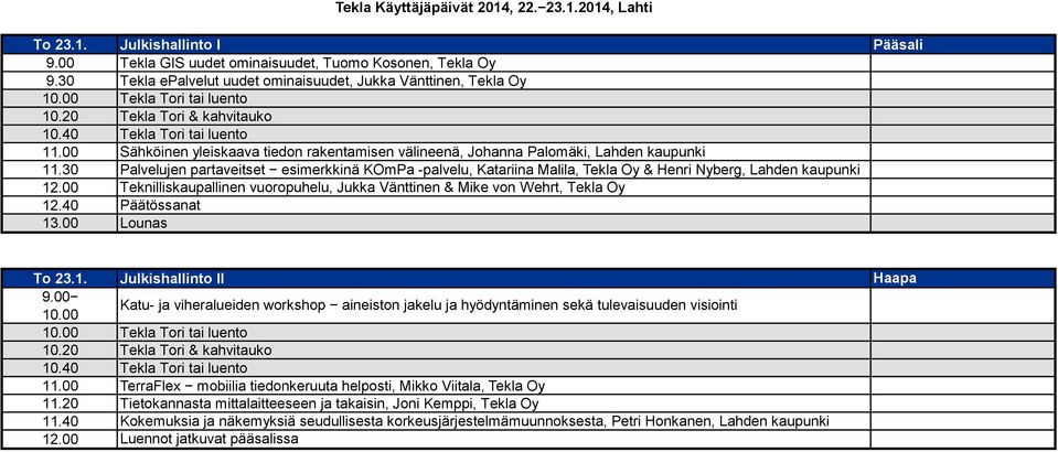 30 Palvelujen partaveitset esimerkkinä KOmPa -palvelu, Katariina Malila, Tekla Oy & Henri Nyberg, Lahden kaupunki 12.00 Teknilliskaupallinen vuoropuhelu, Jukka Vänttinen & Mike von Wehrt, Tekla Oy 12.