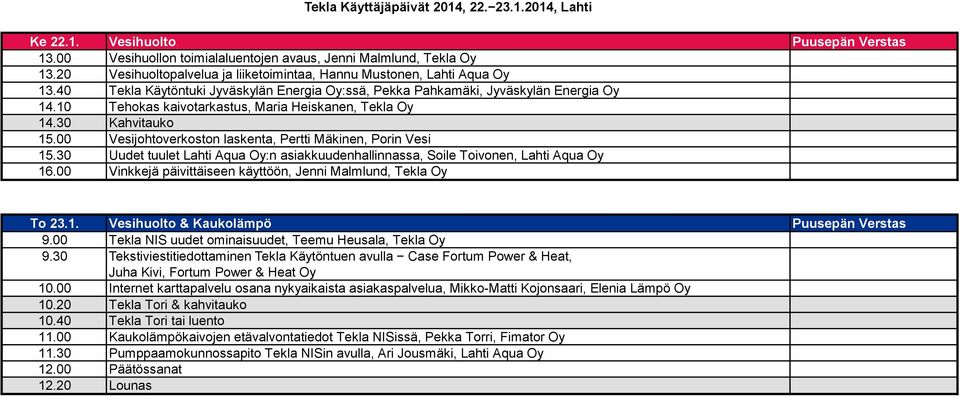 00 Vesijohtoverkoston laskenta, Pertti Mäkinen, Porin Vesi 15.30 Uudet tuulet Lahti Aqua Oy:n asiakkuudenhallinnassa, Soile Toivonen, Lahti Aqua Oy 16.