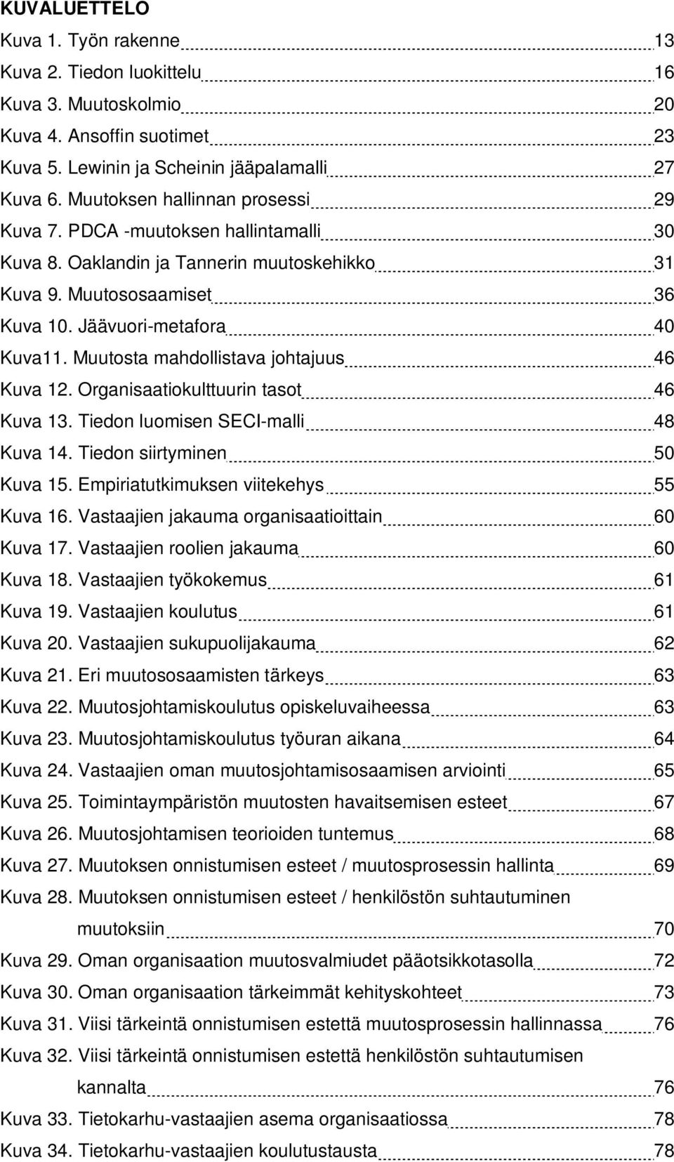 Muutosta mahdollistava johtajuus 46 Kuva 12. Organisaatiokulttuurin tasot 46 Kuva 13. Tiedon luomisen SECI-malli 48 Kuva 14. Tiedon siirtyminen 50 Kuva 15. Empiriatutkimuksen viitekehys 55 Kuva 16.