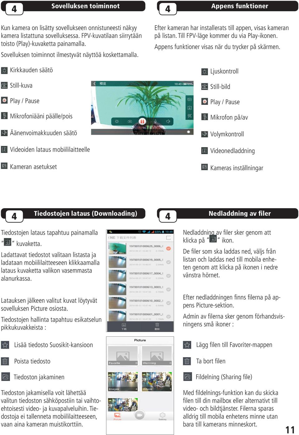 Kirkkauden säätö Still-kuva Play / Pause Mikrofoniääni päälle/pois Äänenvoimakkuuden säätö Videoiden lataus mobiililaitteelle Kameran asetukset Efter kameran har installerats till appen, visas