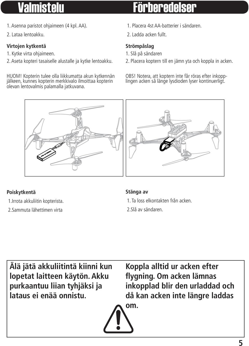 Ladda acken fullt. Strömpåslag 1. Slå på sändaren 2. Placera koptern till en jämn yta och koppla in acken. OBS!