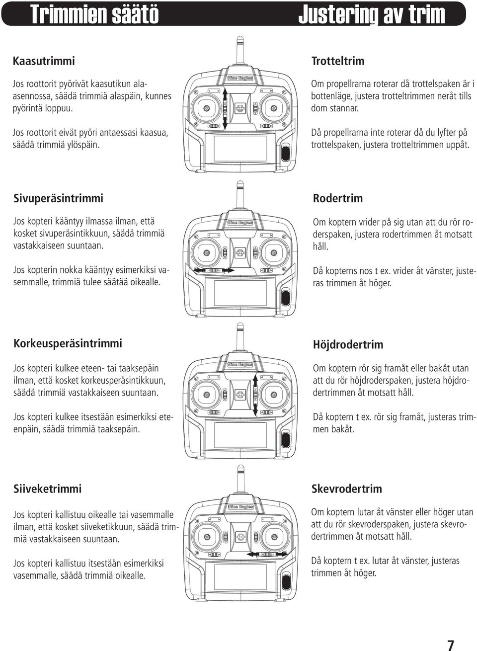 Då propellrarna inte roterar då du lyfter på trottelspaken, justera trotteltrimmen uppåt.