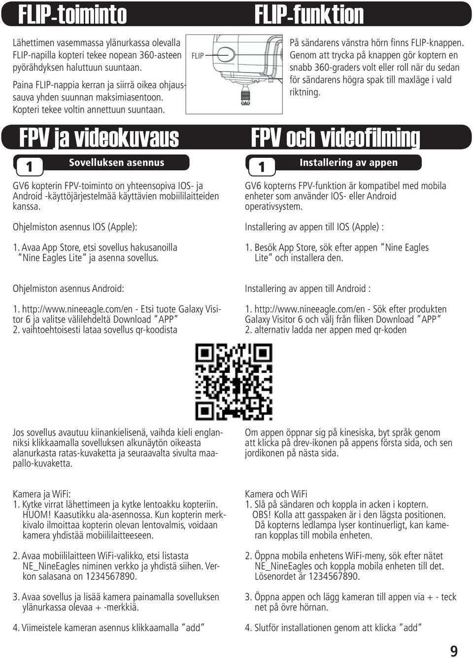 FPV ja videokuvaus 1 Sovelluksen asennus FLIP GV6 kopterin FPV-toiminto on yhteensopiva IOS- ja Android -käyttöjärjestelmää käyttävien mobiililaitteiden kanssa.