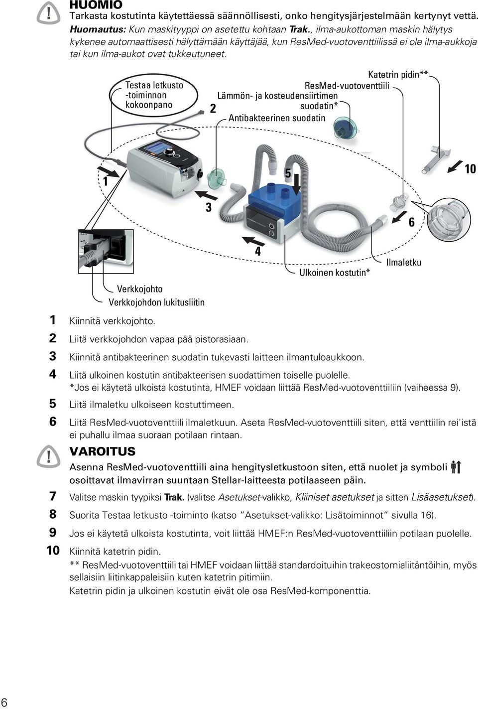 Testaa letkusto -toiminnon kokoonpano 2 Katetrin pidin** ResMed-vuotoventtiili Lämmön- ja kosteudensiirtimen suodatin* Antibakteerinen suodatin 1 5 10 3 6 Verkkojohto Verkkojohdon lukitusliitin 4