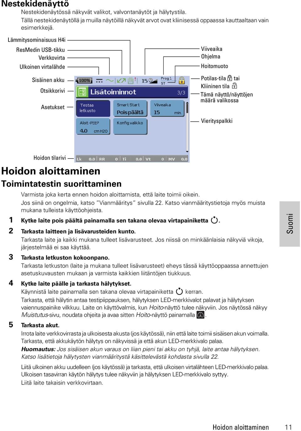 valikossa Vierityspalkki Hoidon tilarivi Hoidon aloittaminen Toimintatestin suorittaminen Varmista joka kerta ennen hoidon aloittamista, että laite toimii oikein.