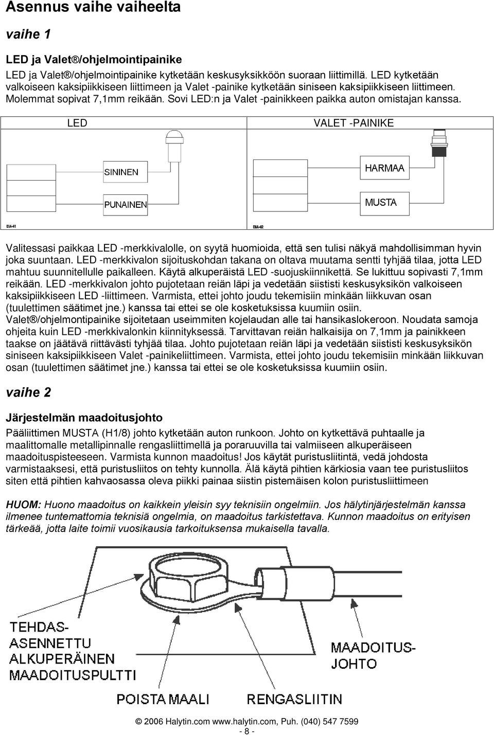 Sovi LED:n ja Valet -painikkeen paikka auton omistajan kanssa. LED VALET -PAINIKE Valitessasi paikkaa LED -merkkivalolle, on syytä huomioida, että sen tulisi näkyä mahdollisimman hyvin joka suuntaan.