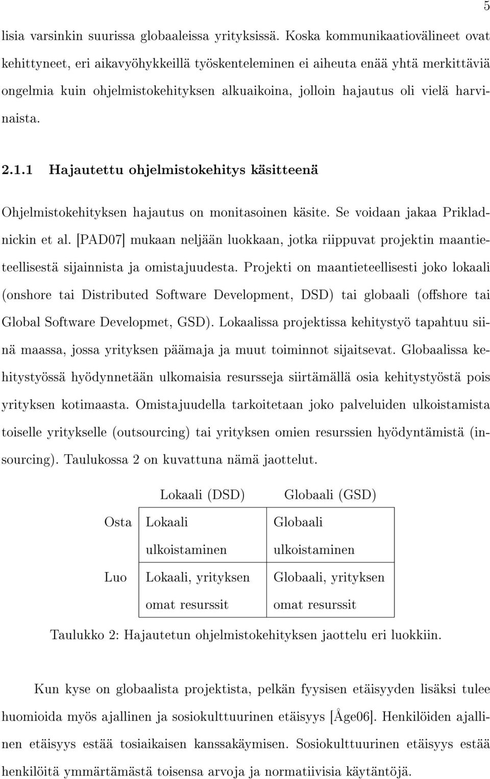 harvinaista. 2.1.1 Hajautettu ohjelmistokehitys käsitteenä Ohjelmistokehityksen hajautus on monitasoinen käsite. Se voidaan jakaa Prikladnickin et al.