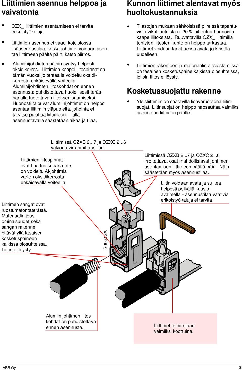 Liittimien kaapeliliitospinnat on tämän vuoksi jo tehtaalla voideltu oksidikerrosta ehkäisevällä voiteella.