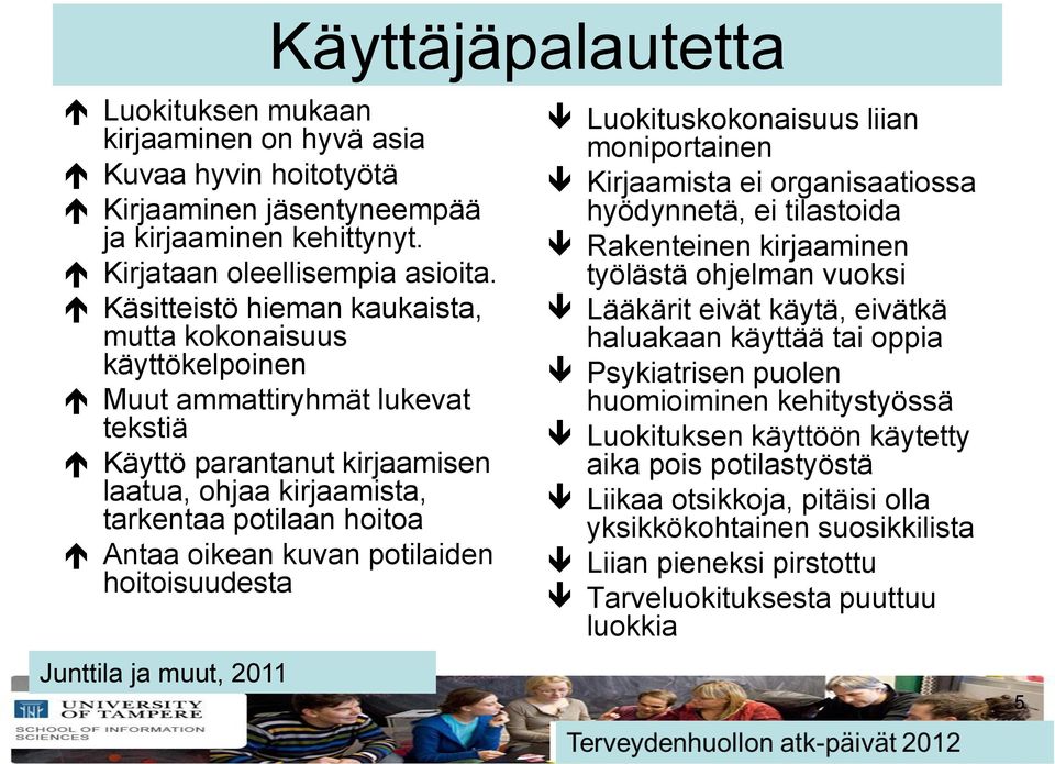 kuvan potilaiden hoitoisuudesta Junttila ja muut, 2011 Luokituskokonaisuus liian moniportainen Kirjaamista ei organisaatiossa hyödynnetä, ei tilastoida Rakenteinen kirjaaminen työlästä ohjelman