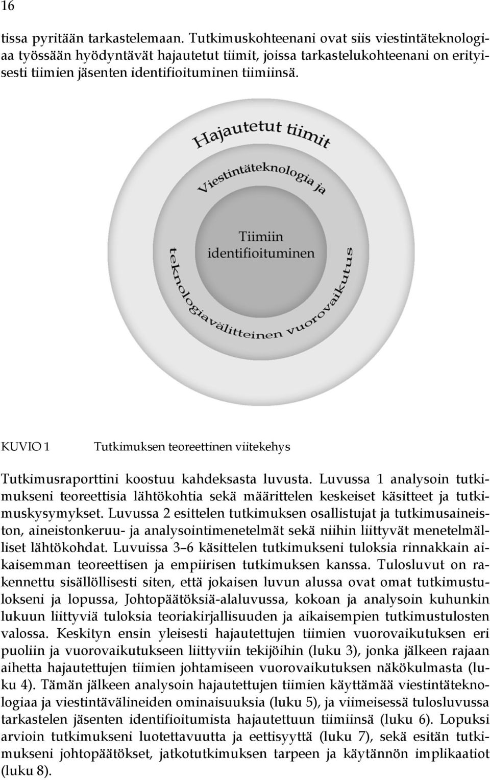 KUVIO 1 Tutkimuksen teoreettinen viitekehys Tutkimusraporttini koostuu kahdeksasta luvusta.