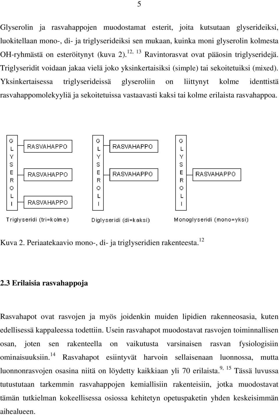 Yksinkertaisessa triglyserideissä glyseroliin on liittynyt kolme identtistä rasvahappomolekyyliä ja sekoitetuissa vastaavasti kaksi tai kolme erilaista rasvahappoa. Kuva 2.