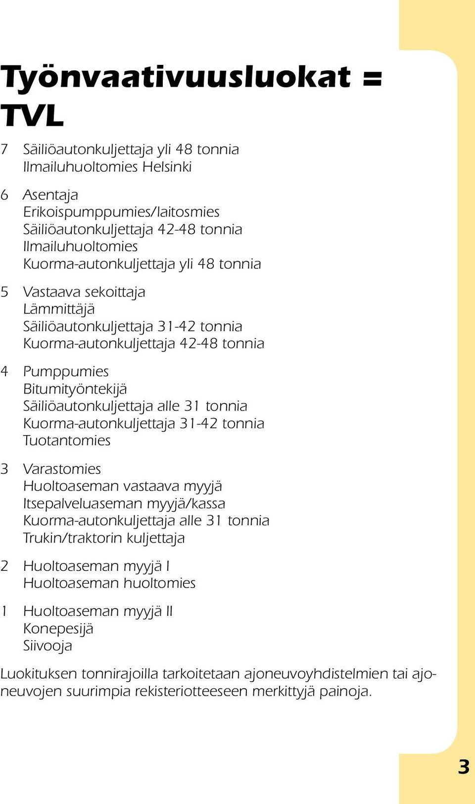 31 tonnia Kuorma-autonkuljettaja 31-42 tonnia Tuotantomies 3 Varastomies Huoltoaseman vastaava myyjä Itsepalveluaseman myyjä/kassa Kuorma-autonkuljettaja alle 31 tonnia Trukin/traktorin kuljettaja 2