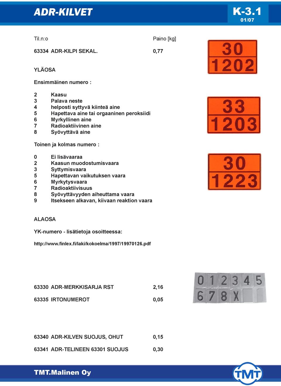 aine 8 Syövyttävä aine Toinen ja kolmas numero : 0 Ei lisävaaraa 2 Kaasun muodostumisvaara 3 Syttymisvaara 5 Hapettavan vaikutuksen vaara 6 Myrkytysvaara 7