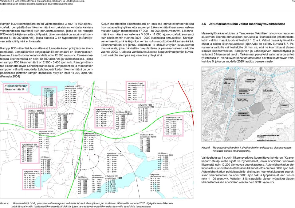 Liikennemäärä on suurin vaihtoehdossa 6 (18 000 ajon./vrk), jossa alueella C on hypermarket ja Särkijärven eritasoliittymää ei toteuteta.