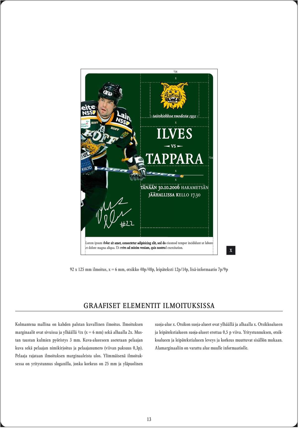 92 125 mm ilmoitus, = 6 mm, otsikko 40p/48p, leipäteksti 12p/14p, lisä-informaatio 7p/9p graafiset elementit ilmoituksissa Kolmantena mallina on kahden palstan kuvallinen ilmoitus.