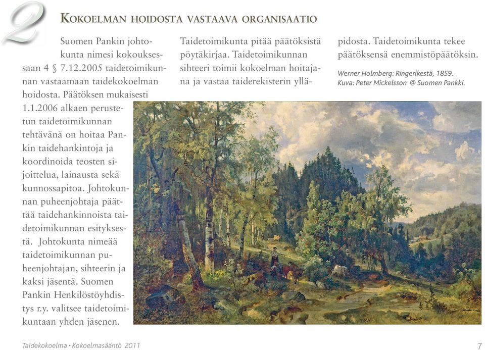 1.2006 al kaen perustetun taide toimi kunnan tehtävänä on hoitaa Pankin taidehankintoja ja koordinoida teosten sijoittelua, lainausta sekä kunnossapitoa.