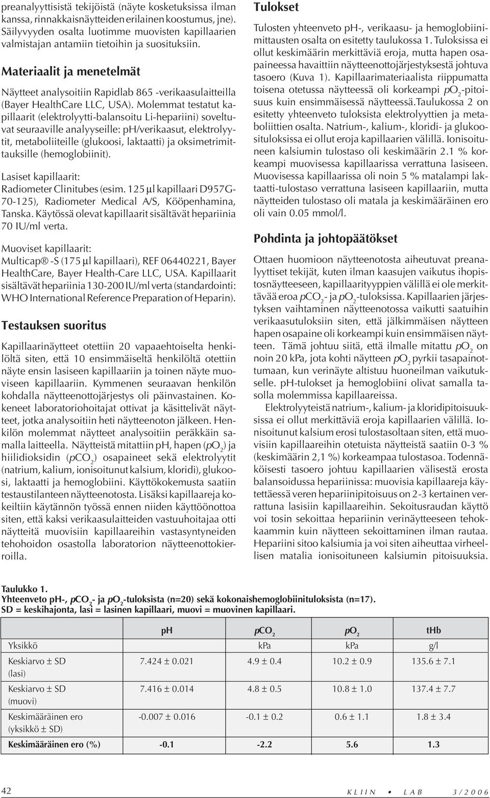 Materiaalit ja menetelmät Näytteet analysoitiin Rapidlab 865 -verikaasulaitteilla (Bayer HealthCare LLC, USA).