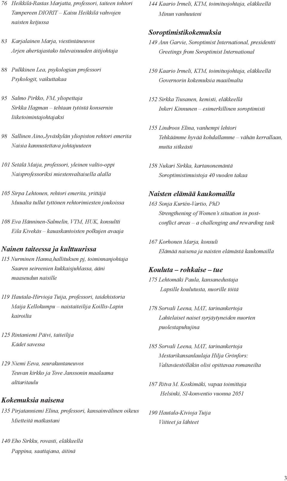 Pulkkinen Lea, psykologian professori Psykologit, vaikuttakaa 150 Kaario Irmeli, KTM, toimitusjohtaja, eläkkeellä Governorin kokemuksia maailmalta 95 Salmo Pirkko, FM, yliopettaja Sirkka Hagman