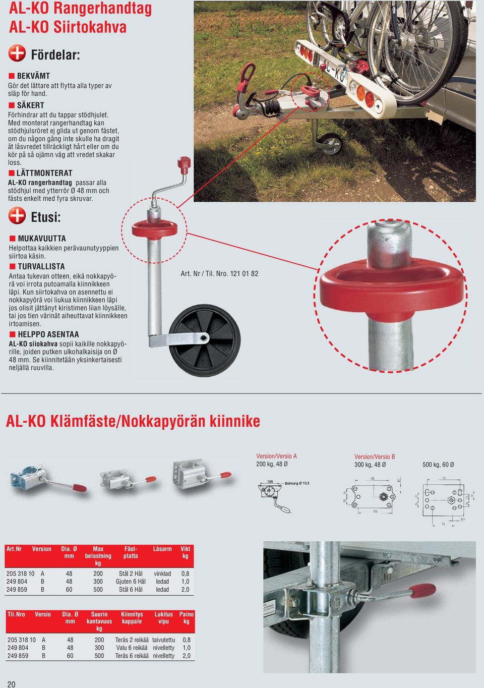 LÄTTMONTERAT AL-KO rangerhandtag passar alla stödhjul med ytterrör Ø 48 mm och fästs enkelt med fyra skruvar. MUKAVUUTTA Helpottaa kaikkien perävaunutyyppien siirtoa käsin.