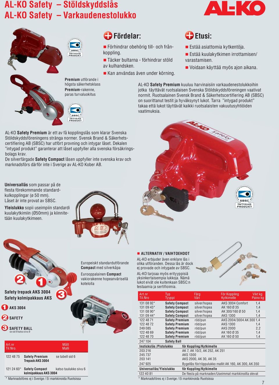 AL-KO Safety Premium kuuluu harvinaisiin varkaudenestolukkoihin jotka täyttävät ruotsalaisen Svenska Stöldskyddsföreningen vaativat normit.