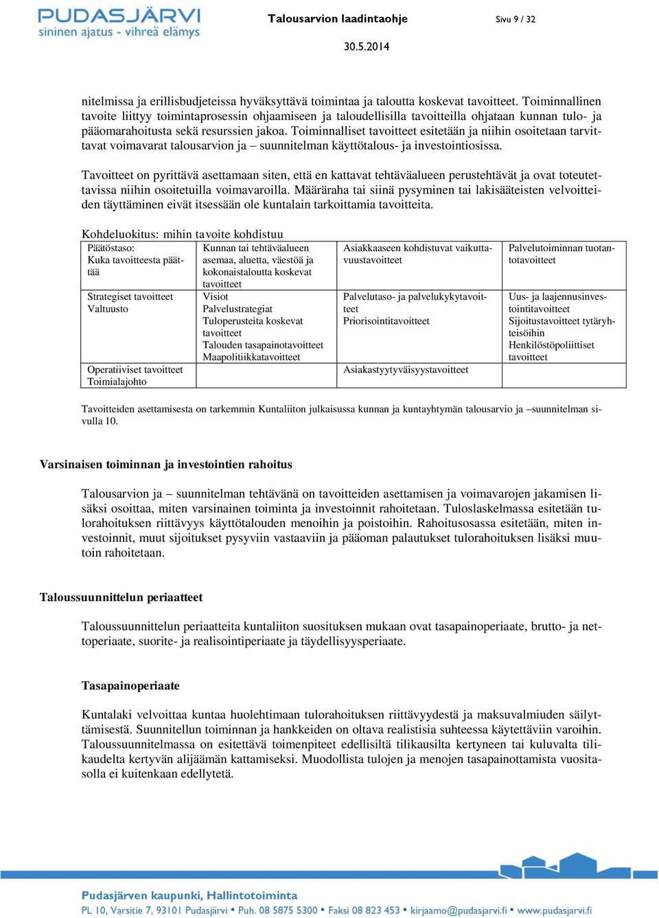 Toiminnalliset tavoitteet esitetään ja niihin osoitetaan tarvittavat voimavarat talousarvion ja suunnitelman käyttötalous- ja investointiosissa.