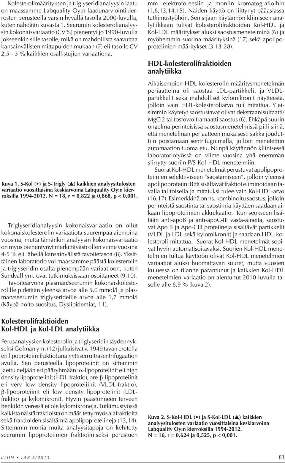 kaikkien osallistujien variaationa. Kuva 1. S-Kol ( ) ja S-Trigly ( ) kaikkien analyysitulosten variaatio vuosittaisina keskiarvoina Labquality Oy:n kierroksilla 1994-2012.