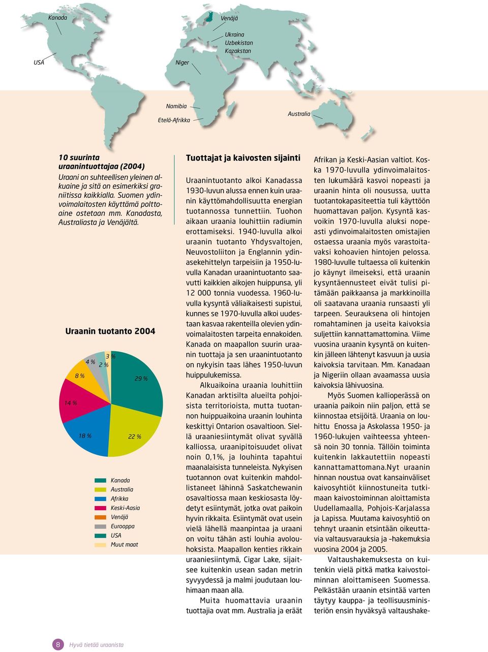 Uraanin tuotanto 2004 14 % 8 % 3 % 4 % 2 % 18 % Kanada Australia Afrikka 22 % Keski-Aasia Venäjä Eurooppa USA Muut maat 29 % Tuottajat ja kaivosten sijainti Uraanintuotanto alkoi Kanadassa 1930-luvun