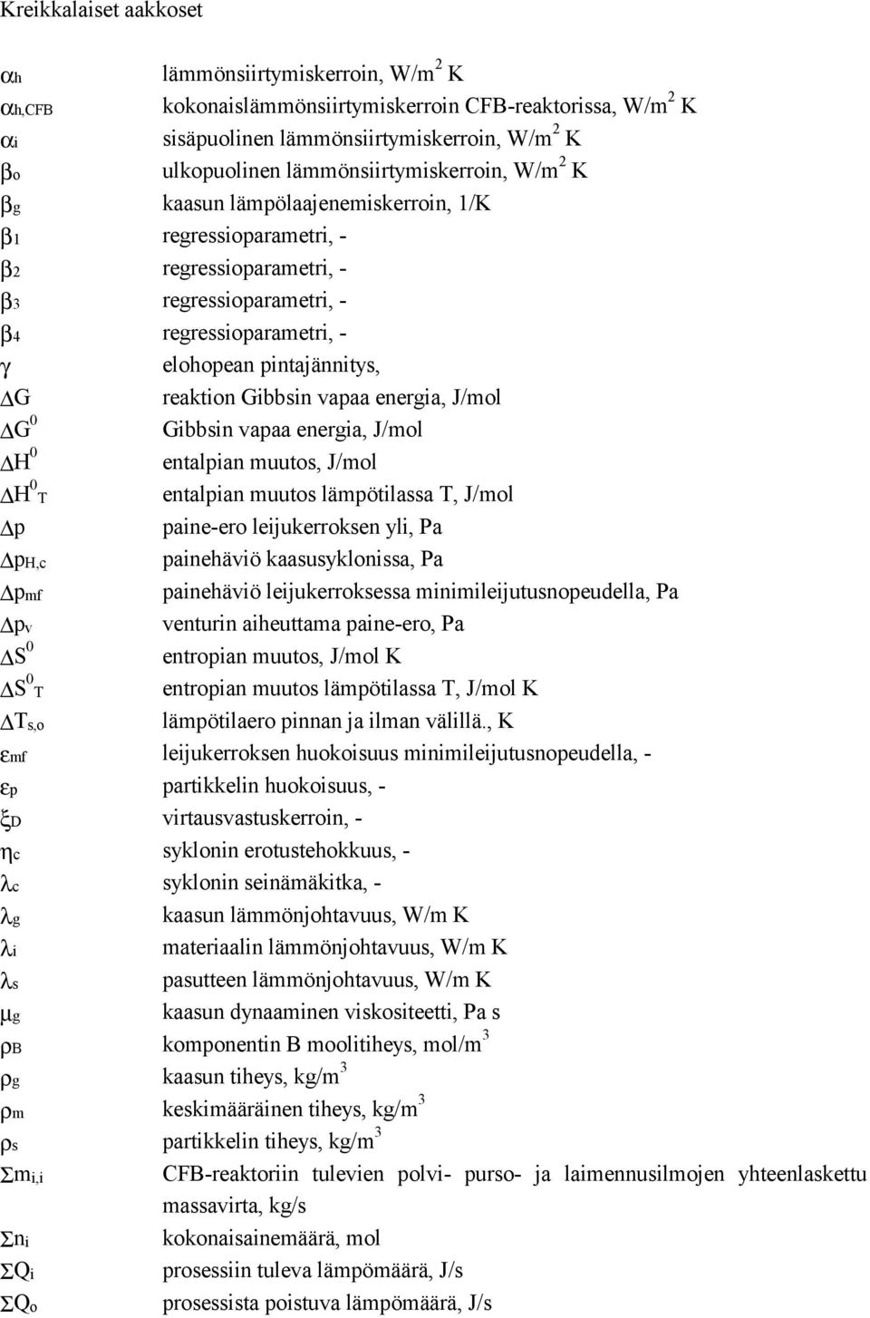 reaktion Gibbsin vapaa energia, J/mol G 0 Gibbsin vapaa energia, J/mol H 0 entalpian muutos, J/mol H 0 T entalpian muutos lämpötilassa T, J/mol p paine-ero leijukerroksen yli, Pa ph,c painehäviö