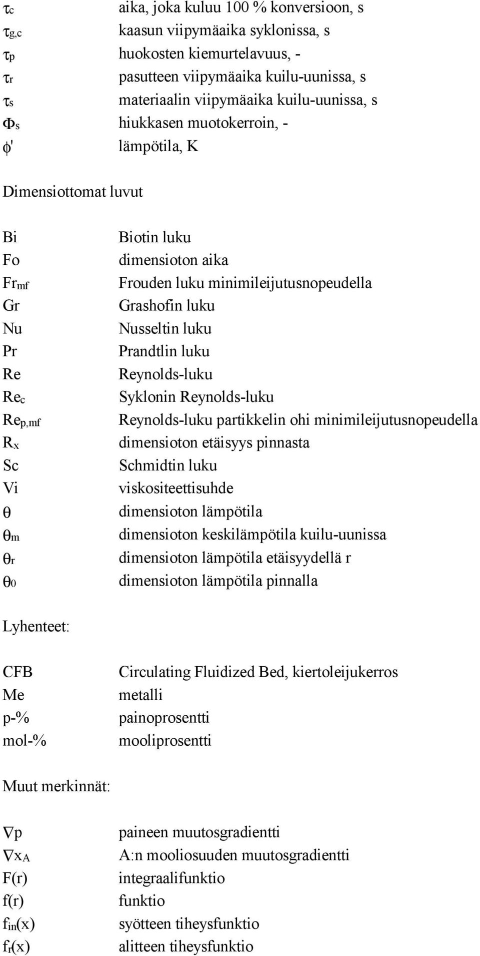 Nusseltin luku Prandtlin luku Reynolds-luku Syklonin Reynolds-luku Reynolds-luku partikkelin ohi minimileijutusnopeudella dimensioton etäisyys pinnasta Schmidtin luku viskositeettisuhde dimensioton