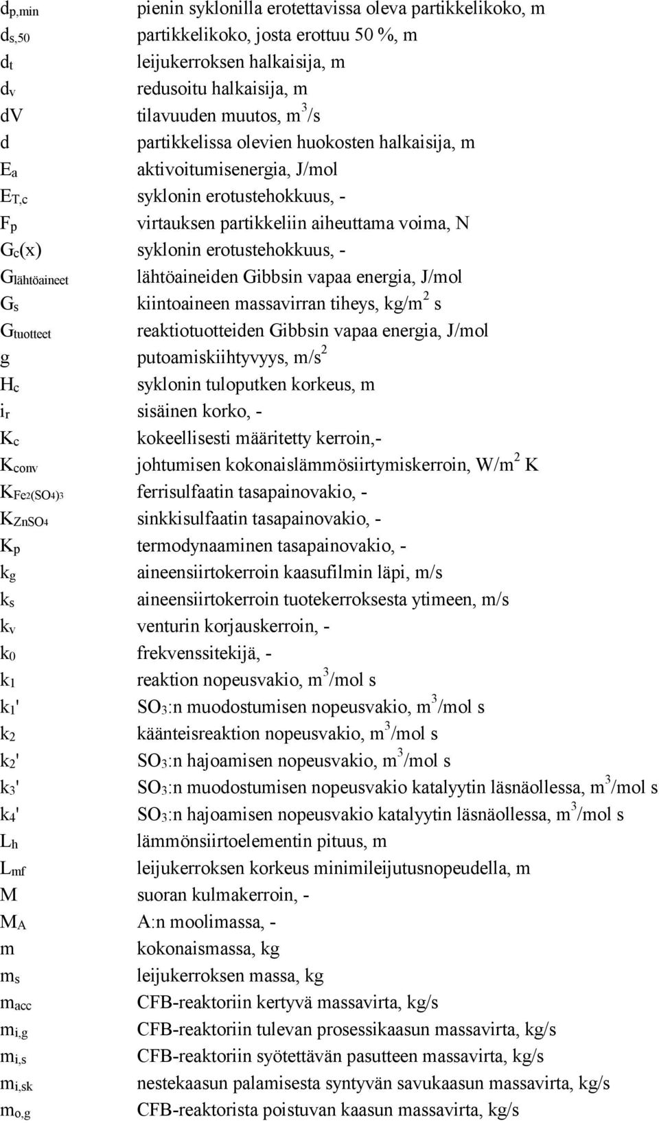 Glähtöaineet lähtöaineiden Gibbsin vapaa energia, J/mol Gs kiintoaineen massavirran tiheys, kg/m 2 s Gtuotteet reaktiotuotteiden Gibbsin vapaa energia, J/mol g putoamiskiihtyvyys, m/s 2 Hc syklonin