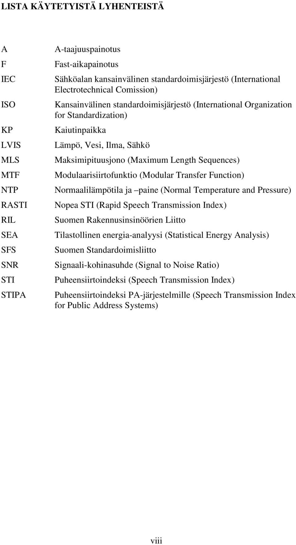 Modulaarisiirtofunktio (Modular Transfer Function) Normaalilämpötila ja paine (Normal Temperature and Pressure) Nopea STI (Rapid Speech Transmission Index) Suomen Rakennusinsinöörien Liitto