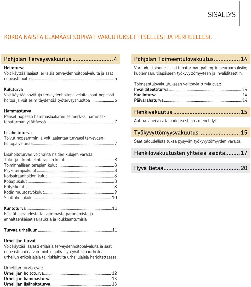 ..6 Hammasturva Pääset nopeasti hammaslääkäriin esimerkiksi hammastapaturman yllättäessä...7 Lisähoitoturva Toivut nopeammin ja voit laajentaa turvaasi terveydenhoitopalveluissa.