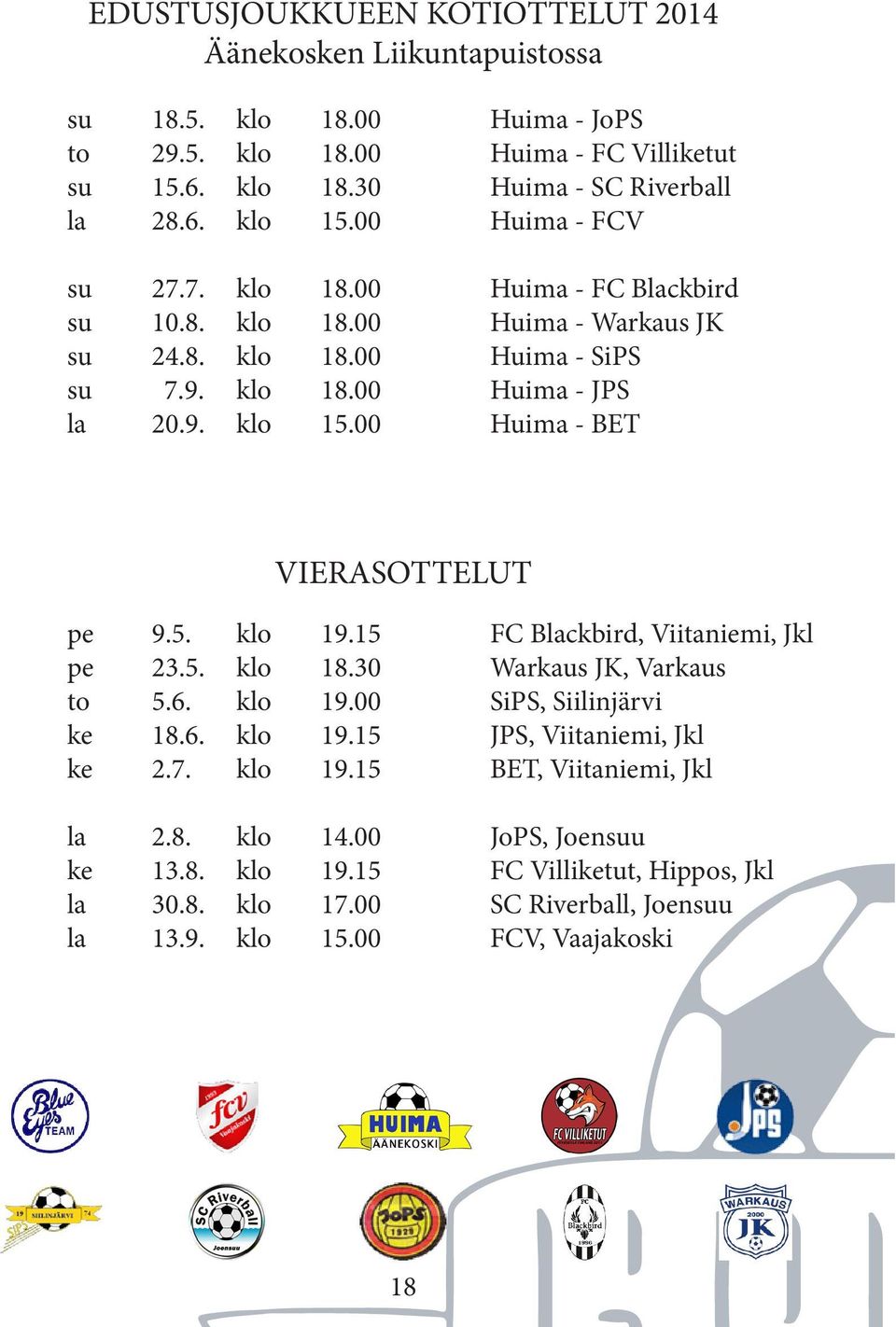 00 Huima - BET VIERASOTTELUT pe 9.5. klo 19.15 FC Blackbird, Viitaniemi, Jkl pe 23.5. klo 18.30 Warkaus JK, Varkaus to 5.6. klo 19.00 SiPS, Siilinjärvi ke 18.6. klo 19.15 JPS, Viitaniemi, Jkl ke 2.