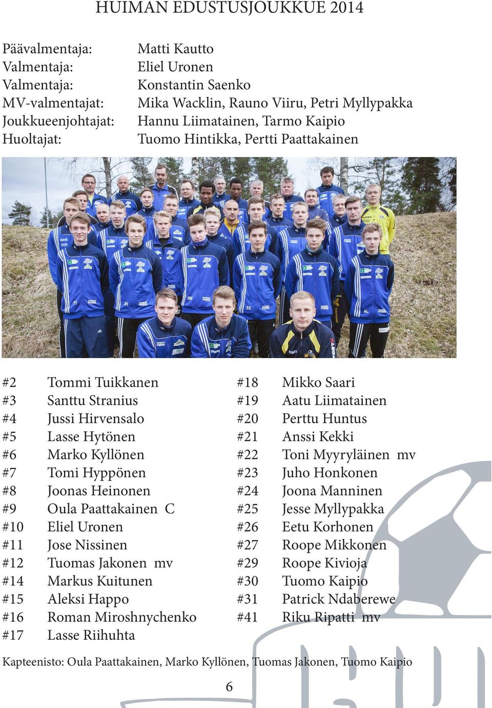 Oula Paattakainen C #10 Eliel Uronen #11 Jose Nissinen #12 Tuomas Jakonen mv #14 Markus Kuitunen #15 Aleksi Happo #16 Roman Miroshnychenko #17 Lasse Riihuhta #18 Mikko Saari #19 Aatu Liimatainen #20