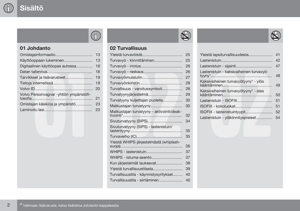 .. 20 Turvallisuus - varoitussymboli... 28 Volvo Personvagnar -yhtiön ympäristöfilosofia... 21 Turvatyynyjärjestelmä... 29 Turvatyyny kuljettajan puolella... 30 Omistajan käsikirja ja ympäristö.