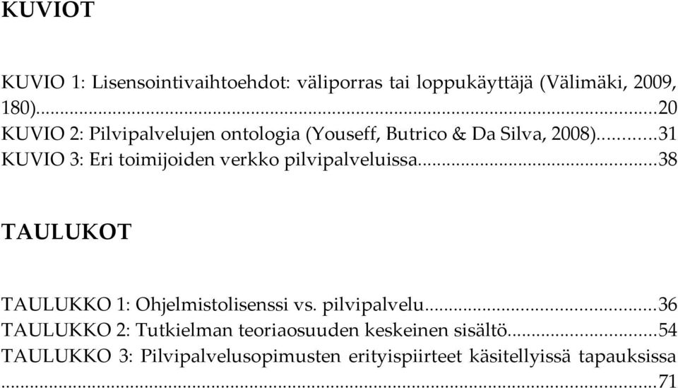 ..31 KUVIO 3: Eri toimijoiden verkko pilvipalveluissa...38 TAULUKOT TAULUKKO 1: Ohjelmistolisenssi vs.