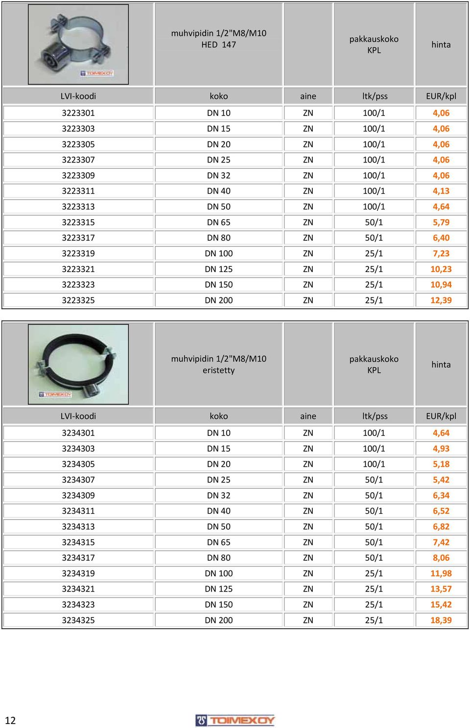 muhvipidin 1/2"M8/M10 eristetty 3234301 DN 10 ZN 100/1 4,64 3234303 DN 15 ZN 100/1 4,93 3234305 DN 20 ZN 100/1 5,18 3234307 DN 25 ZN 50/1 5,42 3234309 DN 32 ZN 50/1 6,34 3234311 DN 40 ZN 50/1 6,52