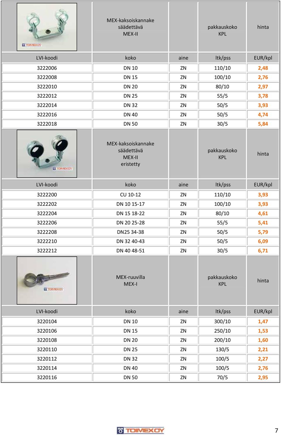 18 22 ZN 80 /10 4,61 3222206 DN 20 25 28 ZN 55/5 5,41 3222208 DN25 34 38 ZN 50/5 5,79 3222210 DN 32 40 43 ZN 50/5 6,09 3222212 DN 40 48 51 ZN 30/5 6,71 MEX ruuvilla MEX I 3220104 DN