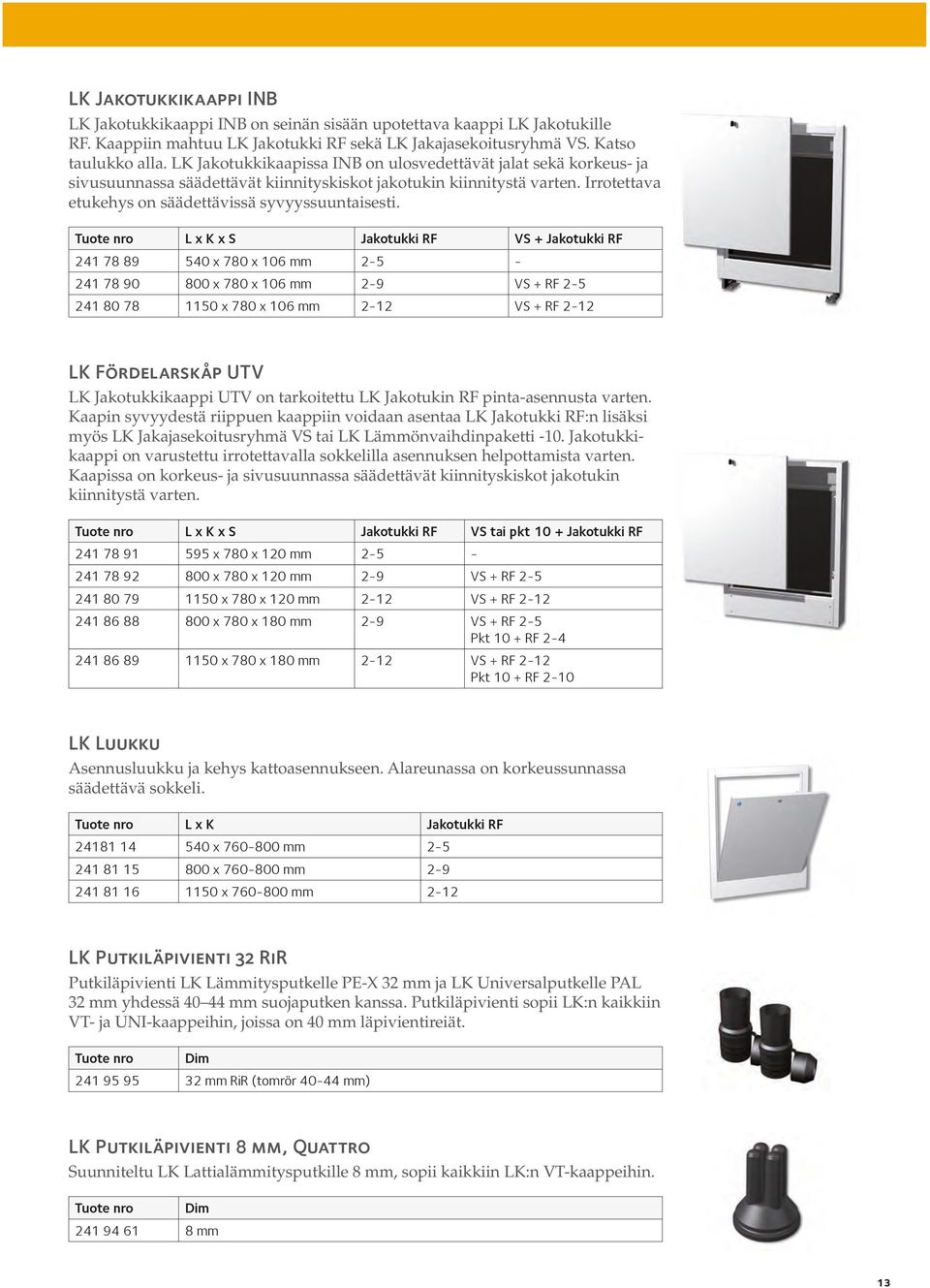 Tuote nro L x K x S Jakotukki RF VS + Jakotukki RF 241 78 89 540 x 780 x 106 mm 2-5 - 241 78 90 800 x 780 x 106 mm 2-9 VS + RF 2-5 241 80 78 1150 x 780 x 106 mm 2-12 VS + RF 2-12 LK Fördelarskåp UTV