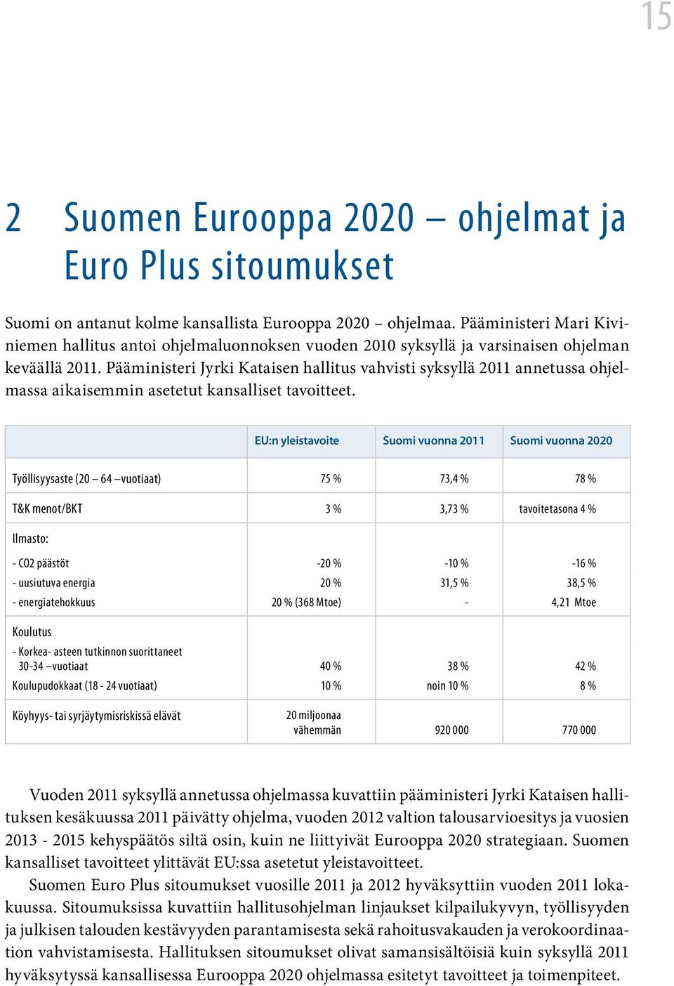 Pääministeri Jyrki Kataisen hallitus vahvisti syksyllä 2011 annetussa ohjelmassa aikaisemmin asetetut kansalliset tavoitteet.