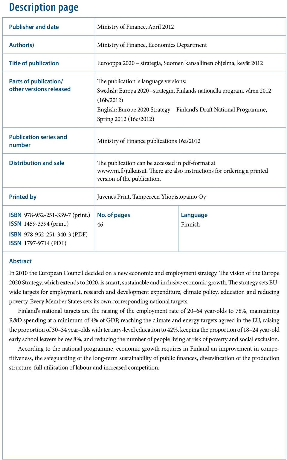 Strategy Finland s Draft National Programme, Spring 2012 (16c/2012) Publication series and number Ministry of Finance publications 16a/2012 Distribution and sale The publication can be accessed in