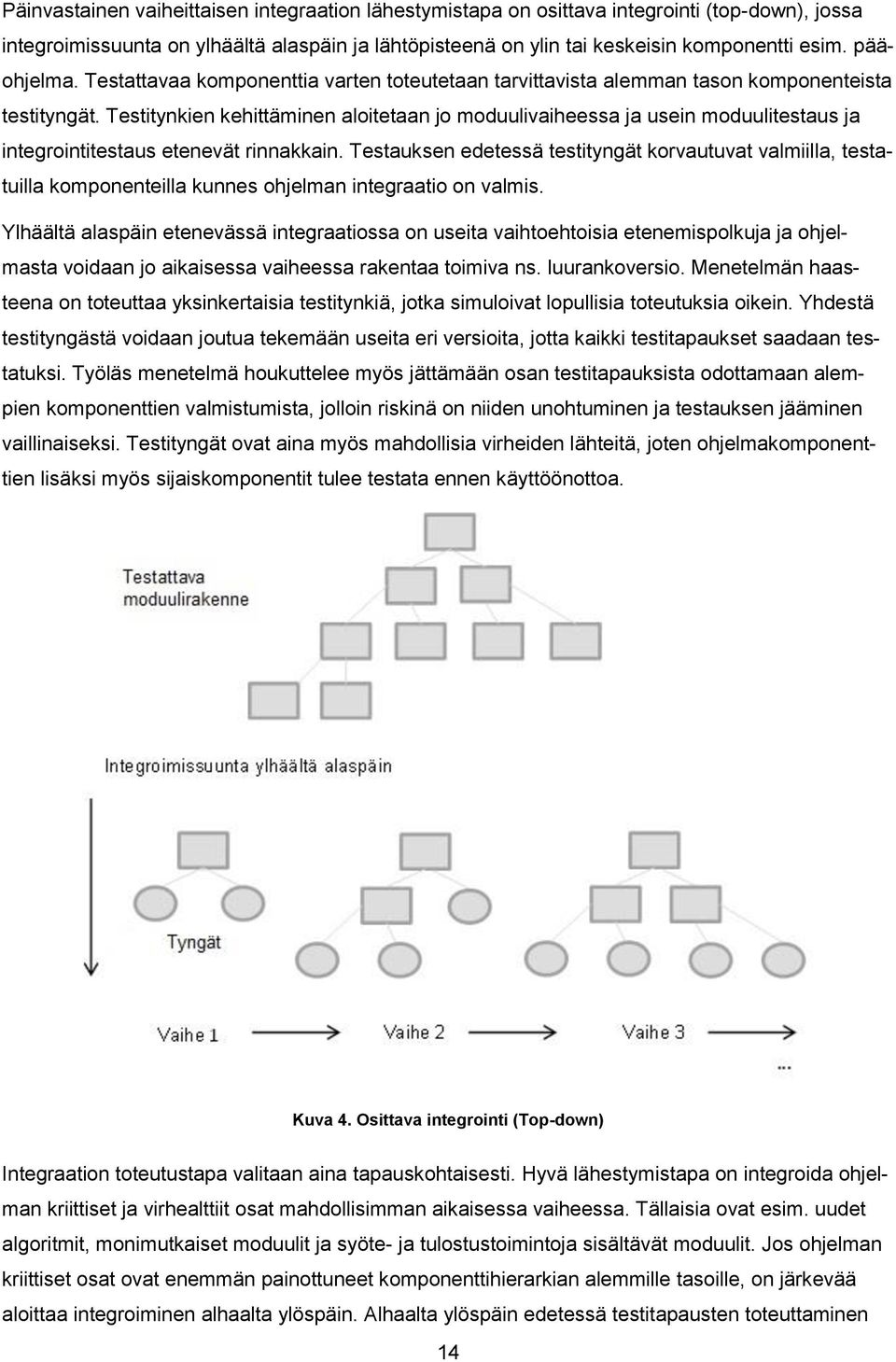 Testitynkien kehittäminen aloitetaan jo moduulivaiheessa ja usein moduulitestaus ja integrointitestaus etenevät rinnakkain.