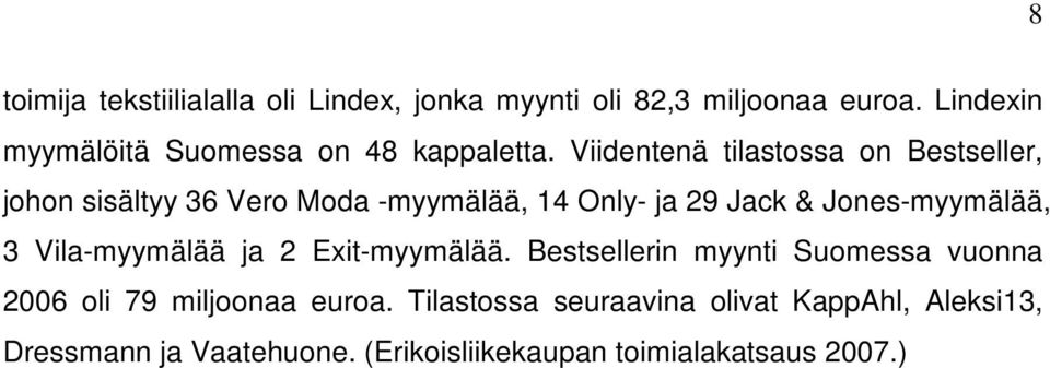 Viidentenä tilastossa on Bestseller, johon sisältyy 36 Vero Moda -myymälää, 14 Only- ja 29 Jack & Jones-myymälää,