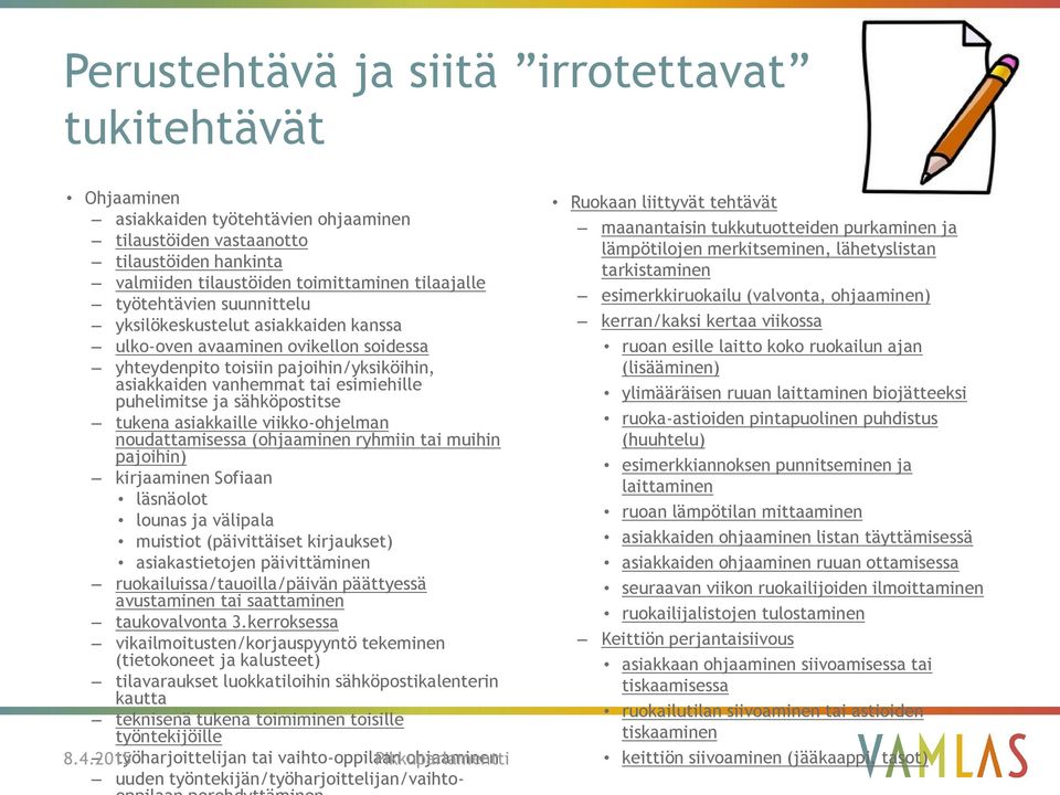 sähköpostitse tukena asiakkaille viikko-ohjelman noudattamisessa (ohjaaminen ryhmiin tai muihin pajoihin) kirjaaminen Sofiaan läsnäolot lounas ja välipala muistiot (päivittäiset kirjaukset)