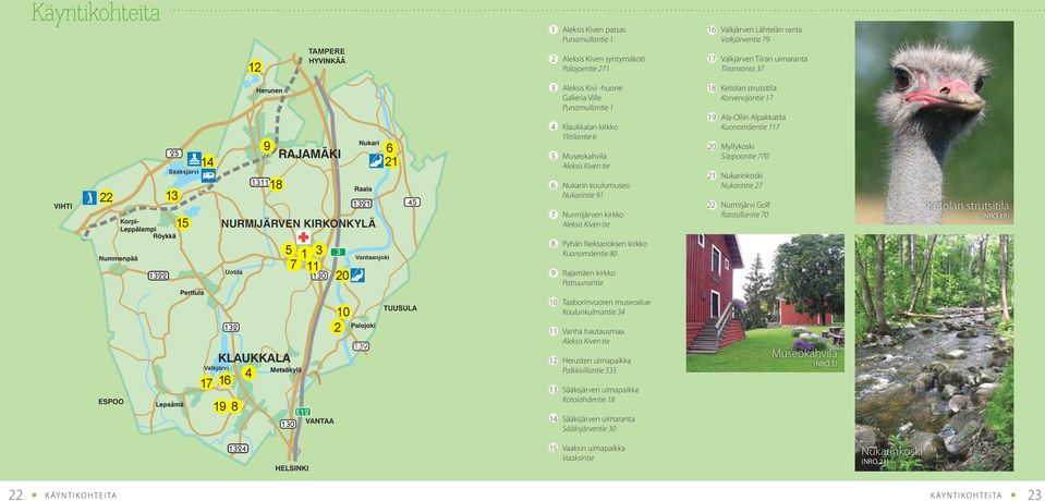 Nukarintie 91 7 Nurmijärven kirkko Aleksis Kiven tie 18 Ketolan strutsitila Korvenojantie 17 19 Ala-Ollin Alpakkatila Kuonomäentie 117 20 Myllykoski Siippoontie 770 21 Nukarinkoski Nukarintie 27 22