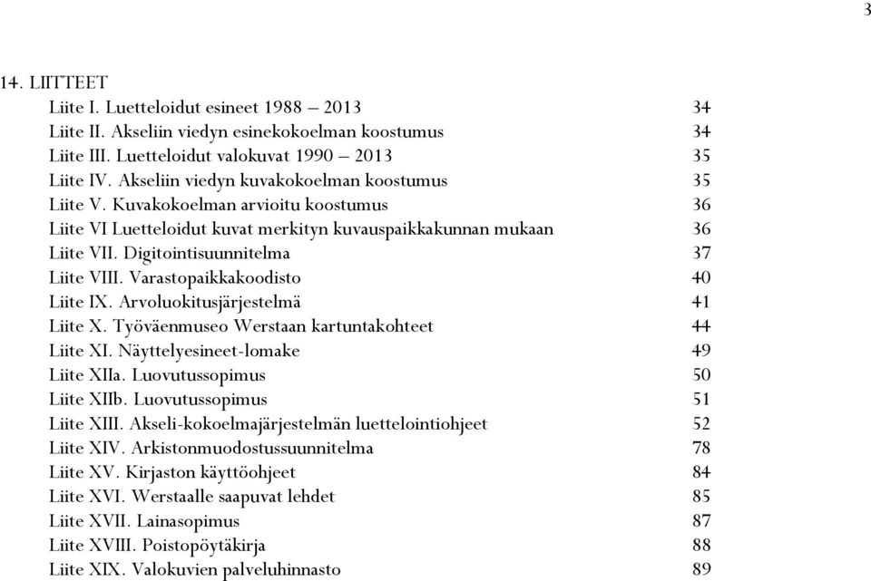 Varastopaikkakoodisto Liite IX. Arvoluokitusjärjestelmä Liite X. Työväenmuseo Werstaan kartuntakohteet Liite XI. Näyttelyesineet-lomake Liite XIIa. Luovutussopimus Liite XIIb.